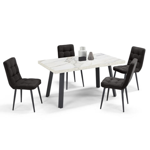 Tavolo con top in legno effetto marmo e gambe in metallo con sedie imbottite e gambe in metallo