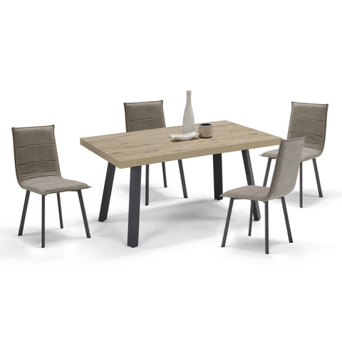 Tavolo con top in legno effetto noce e gambe in metallo con sedie imbottite e gambe in metallo