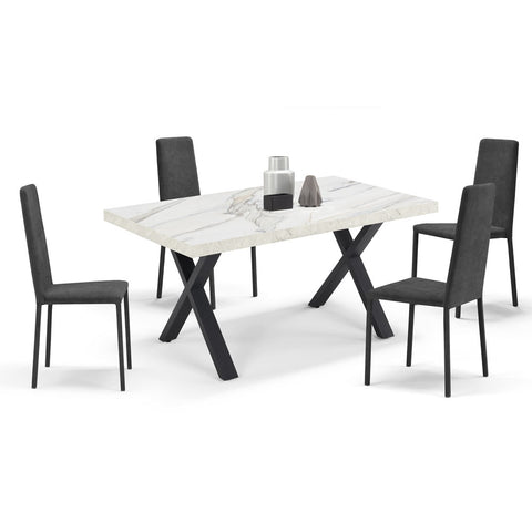 Tavolo con top in legno effetto marmo e gambe in metallo con sedie imbottite rivestite in tessuto