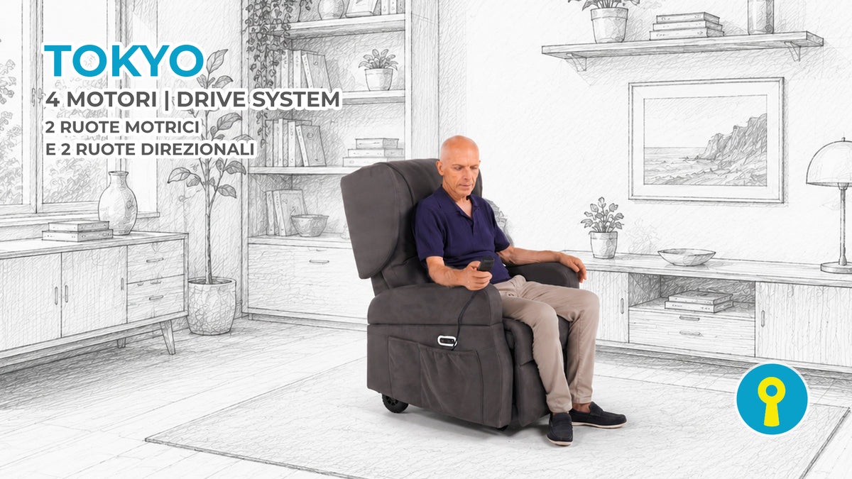 Poltrona relax elettrica alzapersona Tokyo con 4 motori e Drive System, dotata di 2 ruote motrici e 2 ruote direzionali per lo spostamento assistito in totale autonomia
