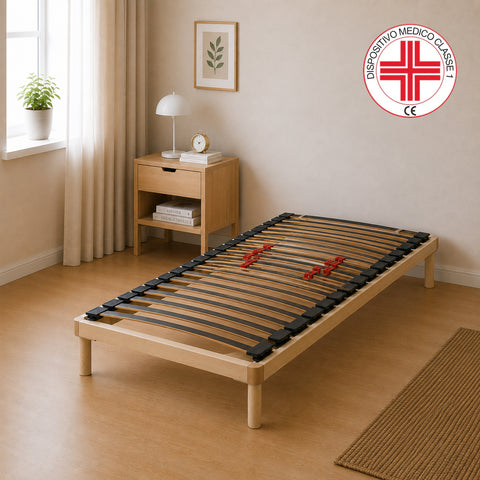 Rete ortopedica Venus fissa con 26 doghe in legno multistrato di faggio e regolatori di rigidità lombare, dispositivo medico Classe 1 per un sostegno ergonomico del materasso.