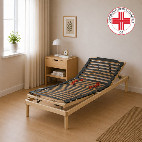 Rete ortopedica Venus con alzata manuale dello schienale, struttura in legno, 26 doghe in multistrato di faggio e regolatori di rigidità nella zona lombare. Dispositivo medico Classe 1 progettato per offrire sostegno ergonomico, comfort e corretta postura durante il riposo.