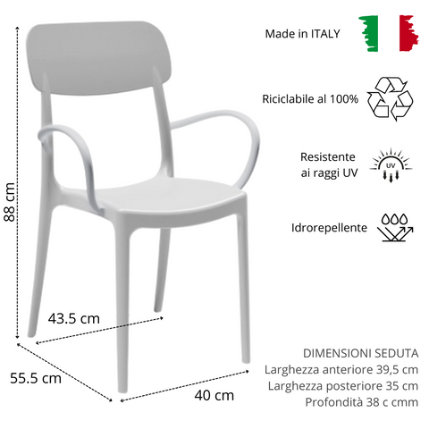 Sedia con braccioli in polipropilene impilabile scheda tecnica
