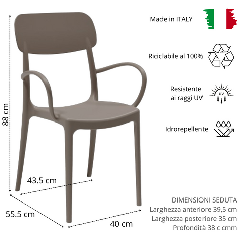 Sedia con braccioli in polipropilene impilabile scheda tecnica