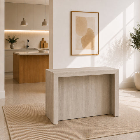 Consolle allungabile Andromeda con finitura olmo. Soluzione salvaspazio trasformabile da elegante consolle per ingresso a pratico tavolo da pranzo allungabile, ideale per soggiorni moderni, cucine e piccoli ambienti.
