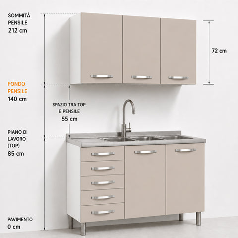 Cucina componibile con lavello e pensile sospeso. Schema tecnico con misure di installazione: top a 85 cm da terra, spazio tra piano di lavoro e pensile 55 cm, fondo pensile a 140 cm e sommità pensile a 212 cm.