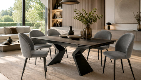 Sala da pranzo moderna con tavolo allungabile effetto pietra e sedie imbottite grigie