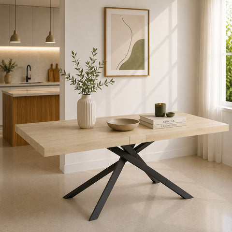 Tavolo allungabile Antares con piano finitura Olmo Bianco e basamento centrale incrociato in metallo antracite, design moderno per cucina e sala da pranzo